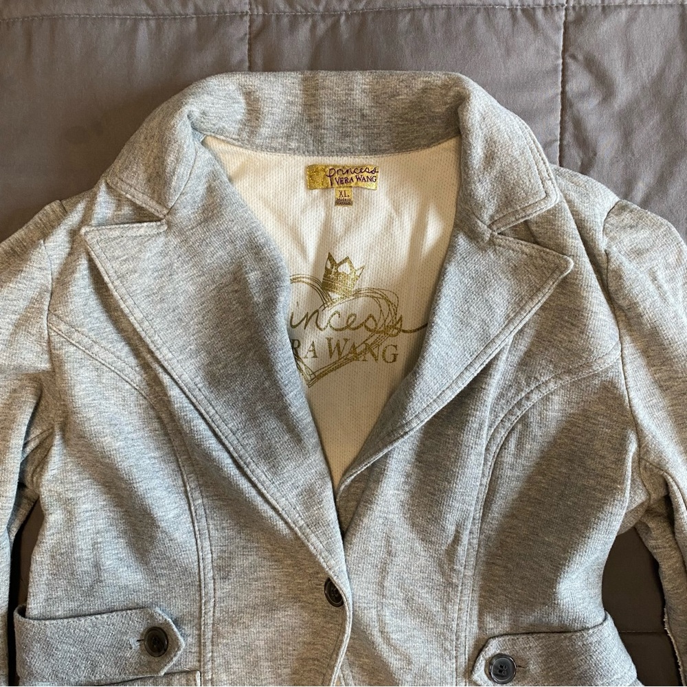 Princess Vera Wang Xl Women’s Gray Cropped Sweater Jacket Y2K Elbow Patch Cotton - Picture 5 of 14